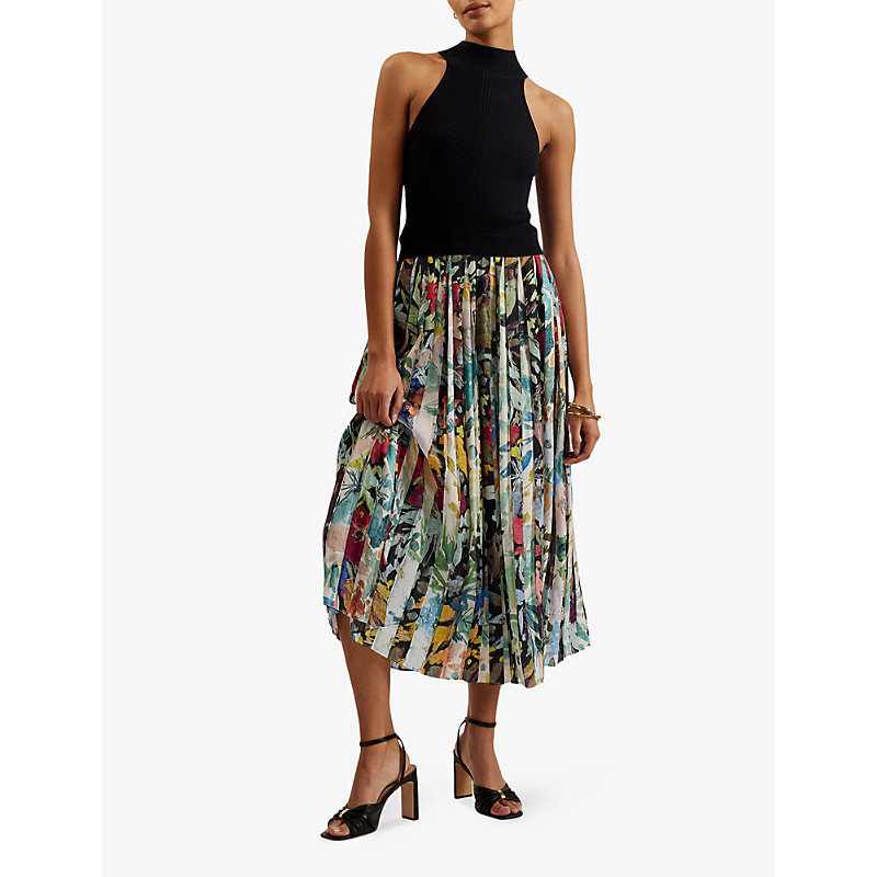 Shop Ted Baker Women's Black Corino Floral-skirt High-neck Woven Midi Dress