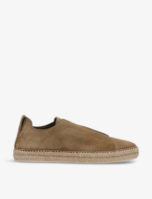 Shop Zegna Men's Rust Triple Stitch Suede Espadrilles