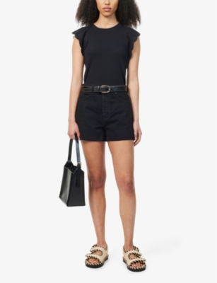 Shop Me And Em Womens Black Raw-hem Mid-rise Straight-leg Denim Shorts