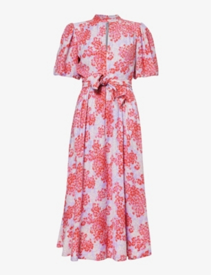 Shop Me And Em Floral-print Belted Woven-blend Midi Dress In Purple/pink/cream