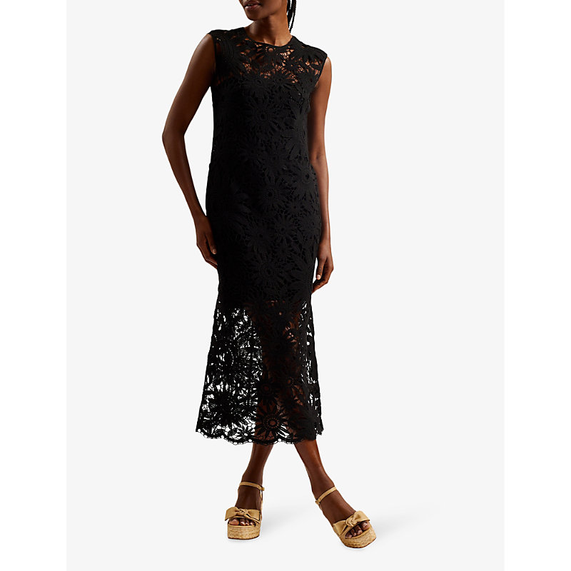 Shop Ted Baker Women's Black Corha Floral-crochet Sleeveless Cotton-blend Midi Dress