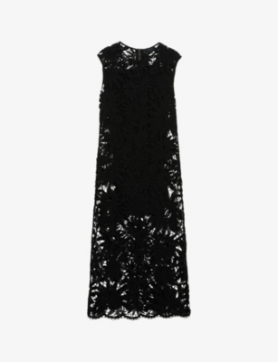 Ted Baker Womens Black Corha Floral-crochet Sleeveless Cotton-blend Midi Dress In Black