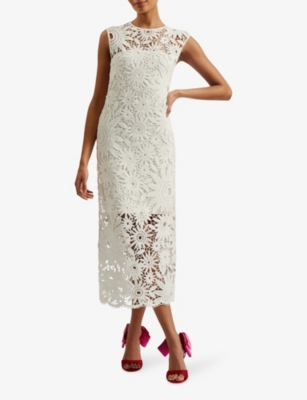 Shop Ted Baker Corha Floral-crochet Sleeveless Cotton-blend Midi Dress In Ivory
