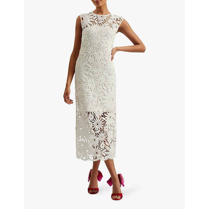 Shop Ted Baker Womens Ivory Corha Floral-crochet Sleeveless Cotton-blend Midi Dress