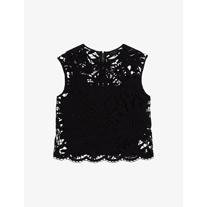 Shop Ted Baker Katrnn Floral-crochet Cropped Cotton-blend Top In Black