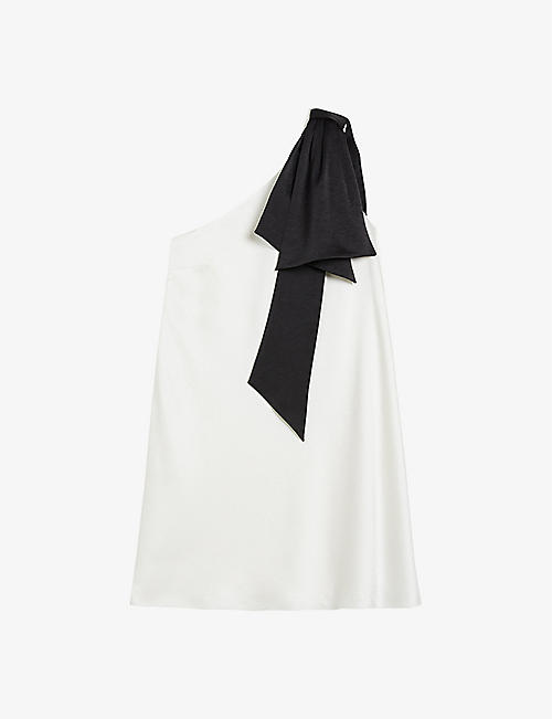 TED BAKER: Midori bow-embellished one-shoulder woven mini dress