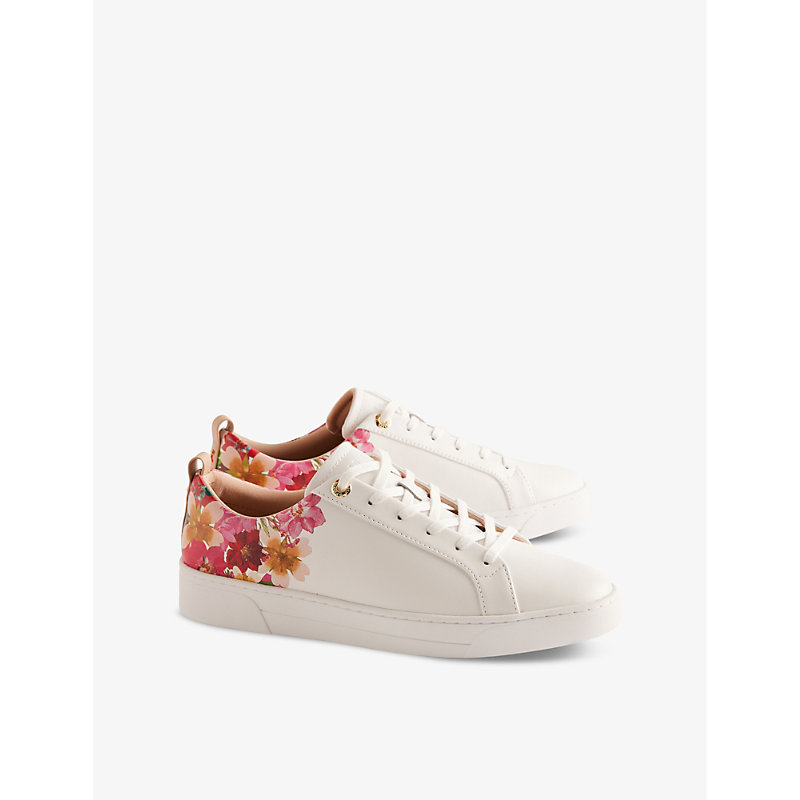 Shop Ted Baker Women's White Alissn Floral-print Leather-blend Low-top Trainers