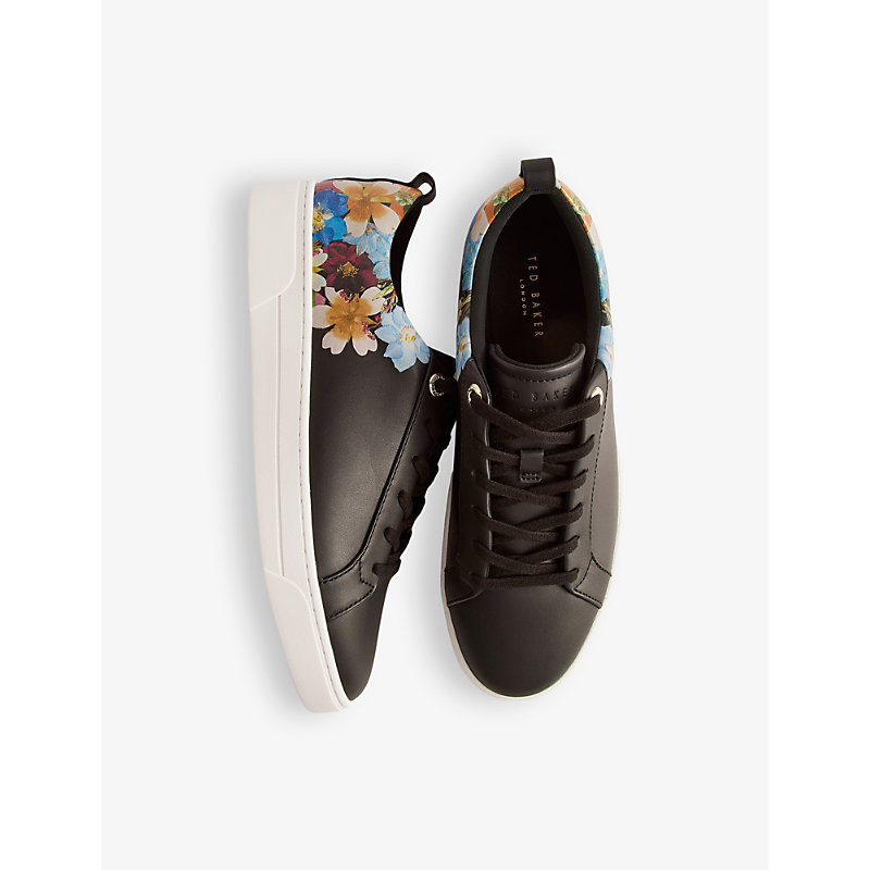 Shop Ted Baker Aleeson Floral-print Leather-blend Low-top Trainers In Black