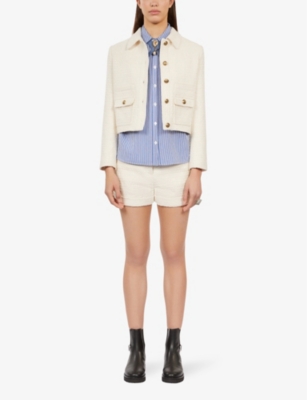 Shop The Kooples Button-down Textured Cropped Cotton-blend Jacket In Ecru