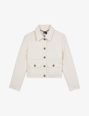 Shop The Kooples Women's Ecru Button-down Textured Cropped Cotton-blend Jacket