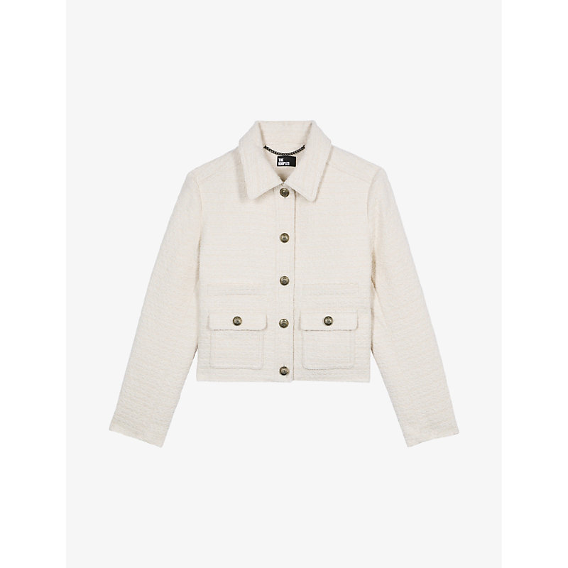 Shop The Kooples Womens Ecru Button-down Textured Cropped Cotton-blend Jacket