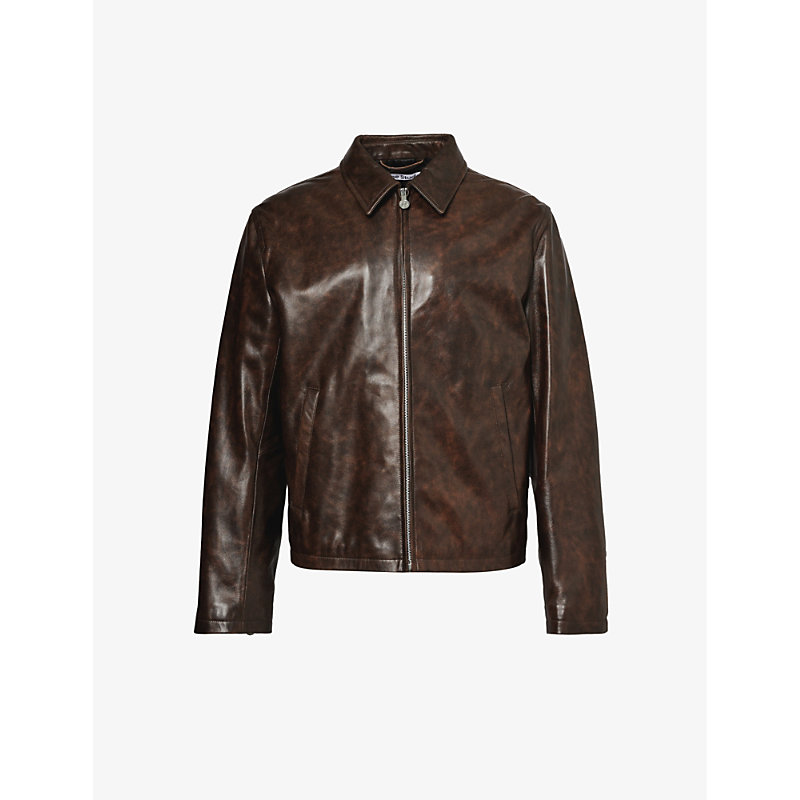 Shop Acne Studios Men's Brown Spread-collar Brand-embossed Leather Jacket