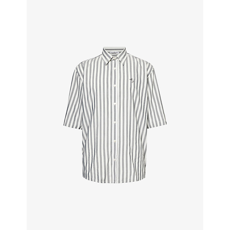 Shop Acne Studios Men's Black/white Logo-embroidered Striped Relaxed-fit Woven Shirt