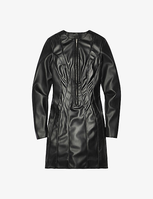 KHY: Zip-front slim-fit faux-leather mini dress