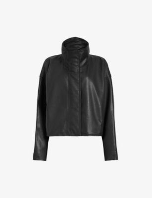 Shop Allsaints Womens Black Ryder Funnel-neck Relaxed-fit Leather Jacket