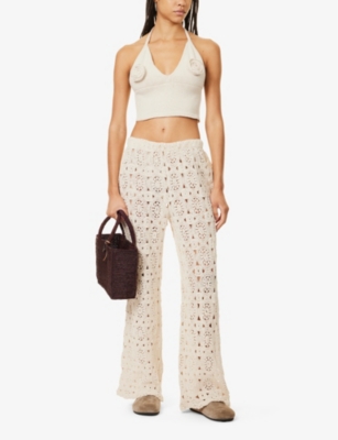 Shop 4th & Reckless Soleil Crochet-knit Straight-leg Cotton-blend Trousers In Cream