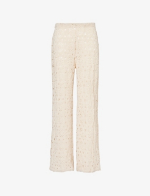Shop 4th & Reckless Soleil Crochet-knit Straight-leg Cotton-blend Trousers In Cream