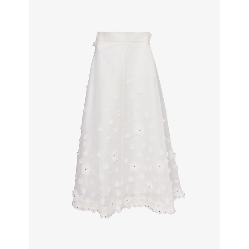 Zimmermann Womens Ivory Lift Off Floral-appliqué Linen-blend Midi Skirt In White