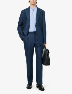 Shop Corneliani Men's Navy Structured-waistband Regular-fit Straight-leg Linen Trousers