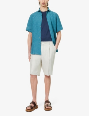 Shop Corneliani Men's White Folded-hem Mid-rise Linen Shorts