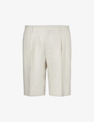 Shop Corneliani Men's White Folded-hem Mid-rise Linen Shorts