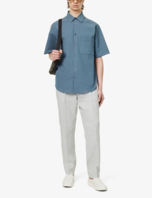 Shop Corneliani Men's Pale Blue Seersucker-textured Regular-fit Cotton Shirt