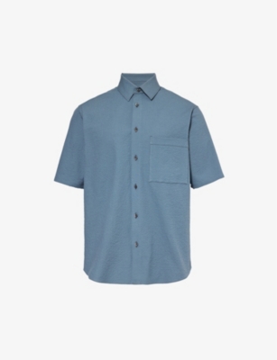 Shop Corneliani Men's Pale Blue Seersucker-textured Regular-fit Cotton Shirt