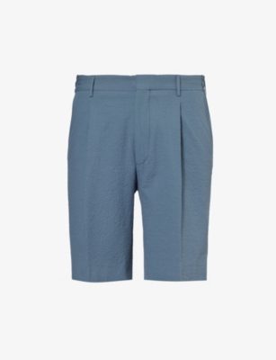 Shop Corneliani Men's Pale Blue Seersucker Mid-rise Cotton Shorts