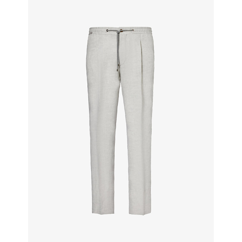 Shop Corneliani Drawstring-waist Tapered-leg Linen Trousers In Light Beige