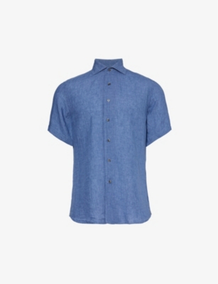 Shop Corneliani Men's Light Blue Curved-hem Cutaway-collar Classic-fit Linen Shirt