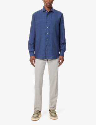 Shop Corneliani Curved-hem Cutaway-collar Classic-fit Linen Shirt In Navy