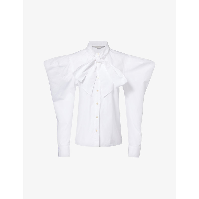 Shop Stella Mccartney Women's Pure White Puffed-shoulder Neck-tie Cotton-poplin Shirt
