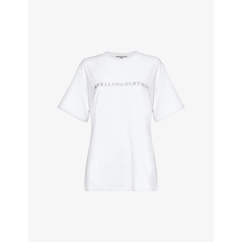 Shop Stella Mccartney Women's Pure White Crystal-embellished Logo Cotton-jersey T-shirt