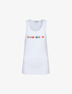 Shop Jw Anderson Brand-embroidered Scoop-neck Stretch-cotton Top In White