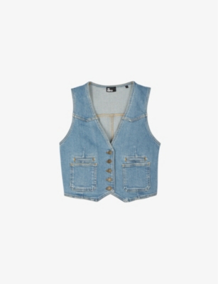 Shop The Kooples Women's Blue V-neck Cropped Stretch-denim Waistcoat