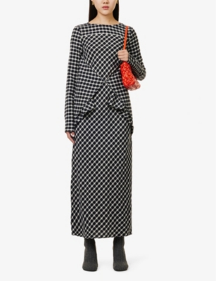 Shop Shang Xia Women's Optic White + Black Checked Front-panel Wool-blend Midi Dress