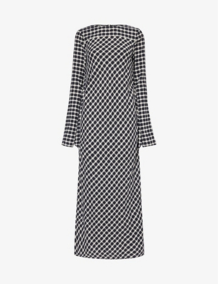 Shop Shang Xia Checked Front-panel Wool-blend Midi Dress In Optic White + Black