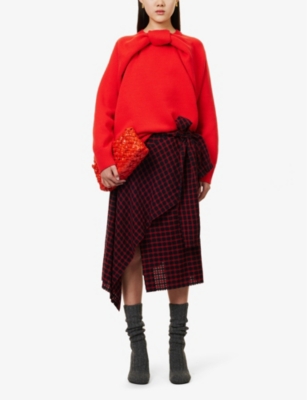 Shop Shang Xia Womens Lipstick + Navy Checked Wrap-front Wool-blend Midi Skirt