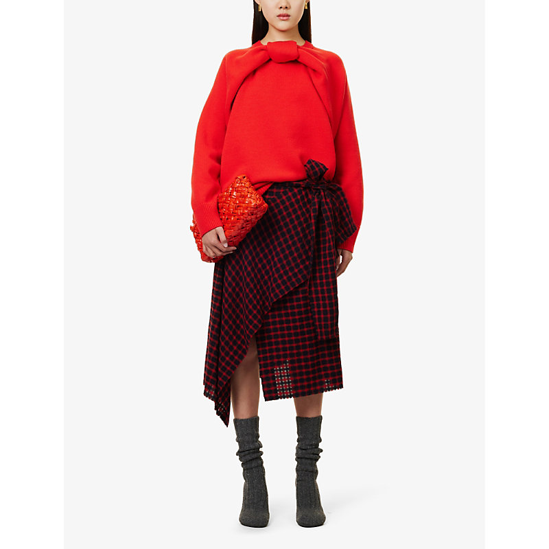 Shop Shang Xia Women's Lipstick + Navy Checked Wrap-front Wool-blend Midi Skirt