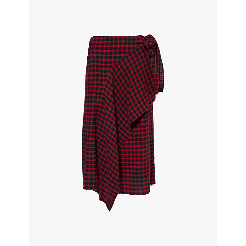 Shang Xia Checked Wrap-front Wool-blend Midi Skirt In Lipstick + Navy