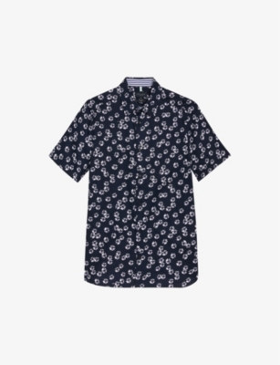 Shop Ted Baker Men's Navy Alfanso Floral-print Slim-fit Stretch-cotton Shirt