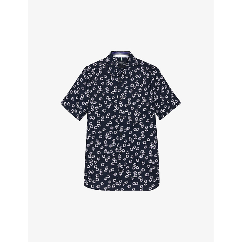 Shop Ted Baker Alfanso Floral-print Slim-fit Stretch-cotton Shirt In Navy