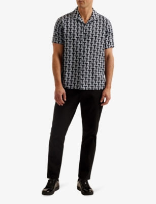 Shop Ted Baker Men's Black Geometric-print Short-sleeve Woven-blend Shirt