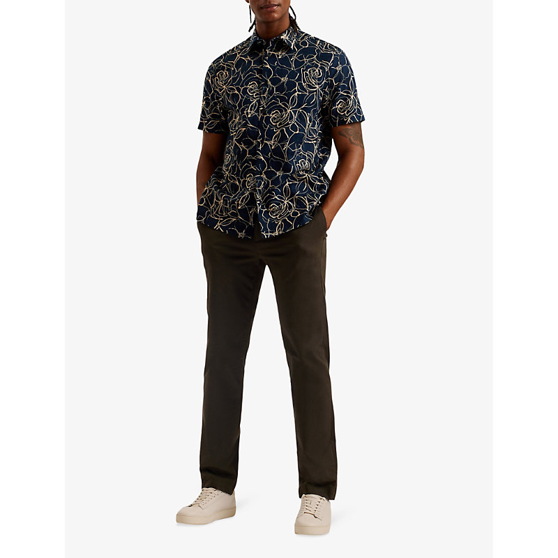 Shop Ted Baker Men's Navy Cavu Floral-print Short-sleeve Cotton Shirt