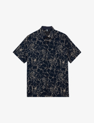 Shop Ted Baker Men's Vy Cavu Floral-print Short-sleeve Cotton Shirt In Navy