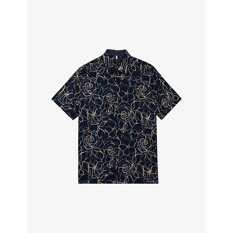 Shop Ted Baker Mens Navy Cavu Floral-print Short-sleeve Cotton Shirt