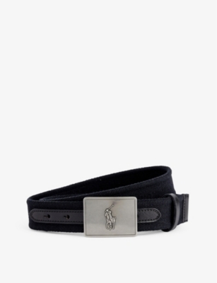 Shop Polo Ralph Lauren Men's Black W/nickel Logo-plaque Woven Belt
