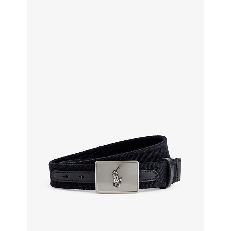 Shop Polo Ralph Lauren Mens Black W/nickel Logo-plaque Woven Belt