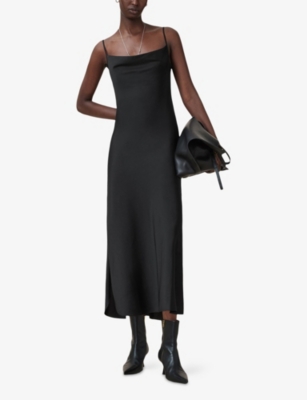 ALLSAINTS WOMENS BLACK HADLEY SQUARE-NECK STRETCH-SATIN MIDI DRESS 