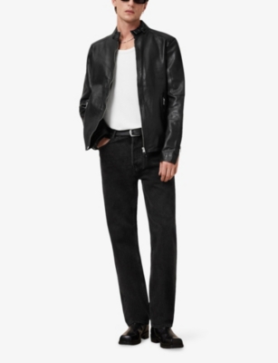 Allsaints Mens Cora Regular-fit Snapback-collar Leather Jacket Jet Black Xxl In Jet Black